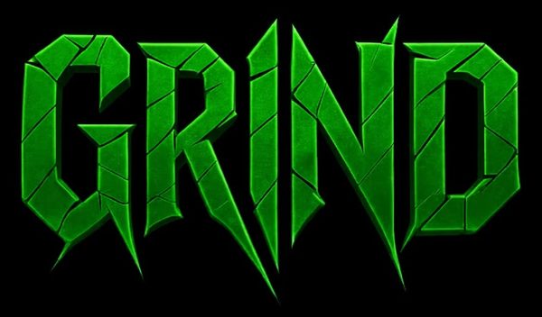 GRIND wordmark in cracked toxic-green stone lettering