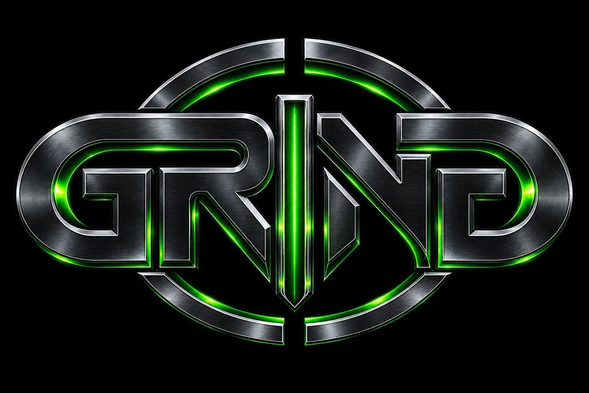 GRIND logo in brushed steel lettering with glowing green edges
